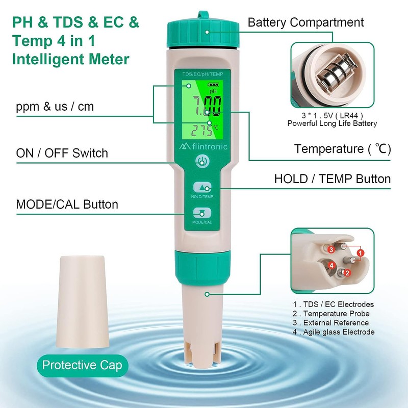 flintronic 4-in-1 PH Meter, PH/TDS/EC Temperature Tester with Backlight, 0-14