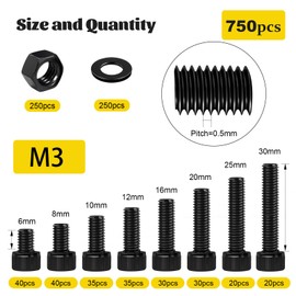 Fgruh 750PCS M3 Screws Assortment Kit, M3x6/8/10/12/16/20/25/30 mm Hex Socket Head Bolts, Nuts & Washers Assorted Set - 12.9 Alloy Steel Black Zinc Plated M3 Screw for 3D Printer,DIY