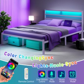 CLIBFENG Queen Bed Frame with Headboard,Heavy Duty Steel Slats Support-LED Bed Frame with USB Charging Station,Mattress Foundation-Under Bed Storage,No Box Spring Needed,Noise Free,White