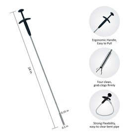 PF0412-3 24" Ergonomic Multipurpose Grabber Jewelry Retriever Pick-up Tool 22" Drain Clog Cleaner Auger Snake Hair Catcher for Kitchen/Bathroom Sink Tub Toilet