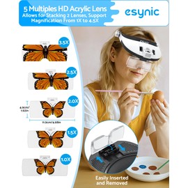 eSynic Head Magnifier with Light - 5X Interchangeable Lenses (1X-3.5X) & 6X Combo- Comfort Adjustable Headband- 8 Dual-Color LEDs for Reading&Jewelry Repair- 900mAh Rechargeable Type with Storage Bag