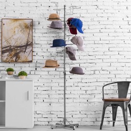 MyGift Modern Large Freestanding Hat Rack Stand, Silver Metal Retail Wig or Hat Display Stand with 20 Customizable Circular Hooks