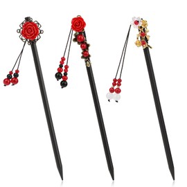 3 Stück Holz Haarnadeln chinesische Haar sticks Vintage Haarstab HaarstäBchen für Frauen Retro- japanische Haarstäbe mit Blumenmuster Blume Haarnadeln mit Quaste und Blumen, Haar-Accessoires