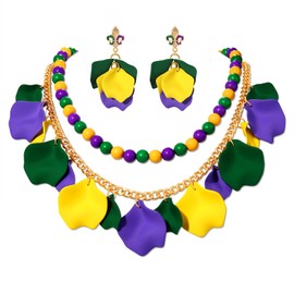 Mardi Gras Jewelry Set Mardi Gras Beads Earrings Necklace Beads Choker Necklace Statement Chunky Purple Green Gold Flower Petal Earrings Mardi Gras Carnival Party Jewelry Accessories Gift(Purple Green Gold)
