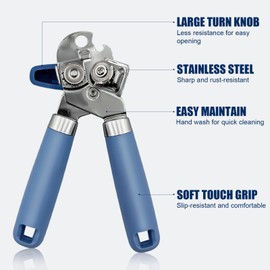Can Opener with Oversized Easy-Turning Knob, Effort-Saving Manual Handheld Multifunctional Bottles Opener, Soft Touch Handle, Stainless Steel Sharp Cutting Blades, Blue