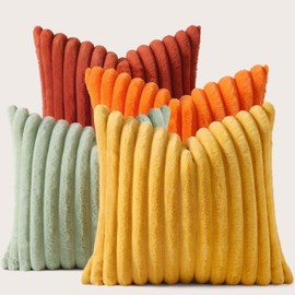 decorUhome Set of 4 Faux Fur Throw Pillow Covers 18x18 Inch Decorative Farmhouse Modern Soft Plush Striped Couch Cushion Covers with Velvet Back for Sofa, Bed, Living Room, Home Decor, Rust/Yellow