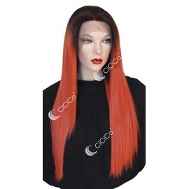 CiCiCa - “KIKI”, Lace Front Wigs, 28 Inches Long Wig, Straight Wig with Side Bangs, Ombre Dark Brown Roots to Orange Wig, Soft Lace Wig, Premium Heat-Resistant Synthetic Hair Replacement Wigs for Women.