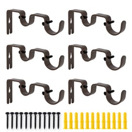 AddGrace 6 PCS Double Curtain Rod Bracket Heavy Duty Curtain Rod Brackets for 1" and 5/8" Rod Wall Mounted Curtain Rod Holders for Living Room Bedroom Brown