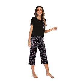 Famulily Pyjamas for Women Pj Set Soft Sleepwear Pj Summer Cotton Floral Pyjamas Dark Black XXL
