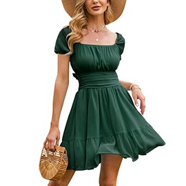 EXLURA Women's 2025 Summer Short Puff Sleeve Casual Short Mini Dresses Tie Back Square Neck A-Line Sundress Green