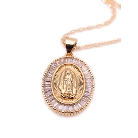 LESLIE BOULES Guadalupe Rhinestone Pendant Necklace for Women 18K Gold Plated Chain Religious Jewelry