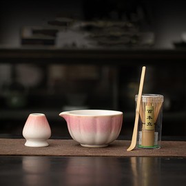 Matcha Whisk Set, Myrthra Matcha Set Includes Matcha Whisk and Bowl (Bowl with Spout), Holder and Scoop-4PCS Matcha Tea Set, Fade Pink