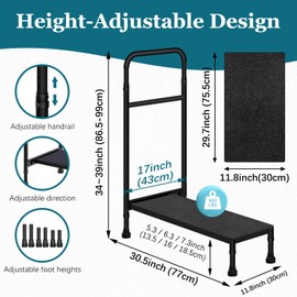Gyykzz Step Stool with Handle, 30.5" Long Step Stools for High Beds/Bathtub/Kitchen, Height Adjustable Step Stool with Handle and Non-Skid Platform, Heavy Duty Stepping Stool Holds up to 400 lbs