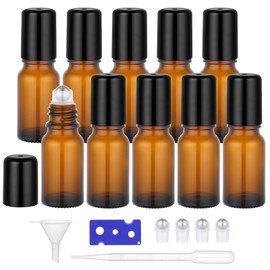 Segbeauty Roll on Flasche Leer 10ml, 10 Stück Anti-Uv Kleine Glasflaschen Zum Befüllen, Aromaflasche mit Edelstahl-Roller Ball, Öffner, Trichter, Pipetten (Braun)
