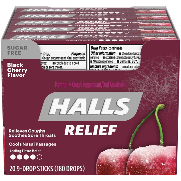 Halls Sugar Free Sticks, Black Cherry, 9-Drop Sticks (Pack of 20)