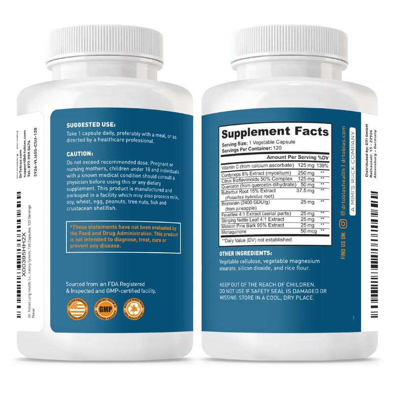 Dr. Tobias Lung Health Supplement with Vitamin C, Butterbur, Quercetin