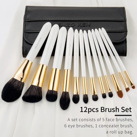 Luxury Enzo Ken Natural Black Goat Hair Makeup Brush Set with Handbag, Extra Soft Face and Eye Brush, 12 Pieces Luxurious White Eyeshadow Brush Sets with Roll-Up Bag