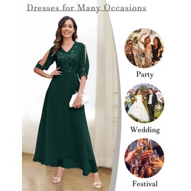 Wedtrend Evening Dress, Elegant for Wedding, V-Neck Chiffon Cocktail Dress, Women's Long Prom Dress with Split Sleeves, Half Sleeve Lace Dress with Sequins, dark green