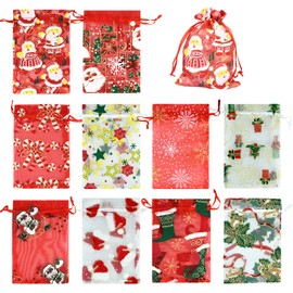 50PCS Christmas Organza Bags Gift Jewelry Candy Bags for Wedding Party Christmas Including 10 Patterns 4x6Inch