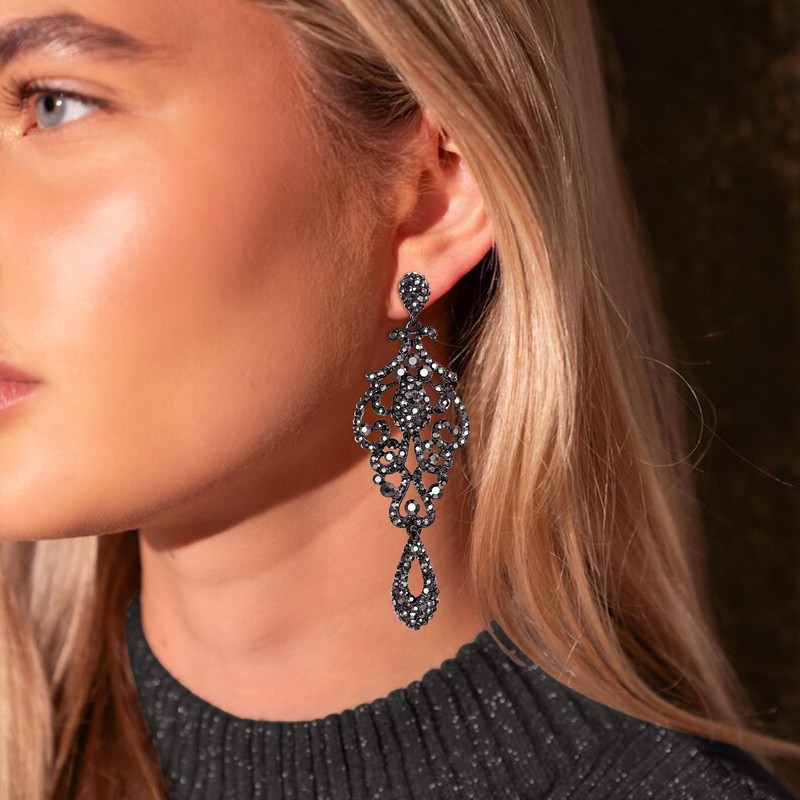 Flyonce Crystal Wedding Vintage Flower Pattern Hollow Drop Chandelier Earrings