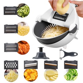 SANON Vegetable Cutter, 9-in-1 Manual Kitchen Vegetable Cutter, Vegetable Cutter with 7 Interchangeable Blades, Vegetable Slicer with Drain Basket