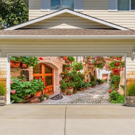 CSFOTO 6x13ft Italian Town Street Theme Garage Door Decoration Banner Tuscany Flowers Street Narrow Alley Outdoor Garage Decoration Mural Spring Holiday Travel Picture Shoot Wallpaper
