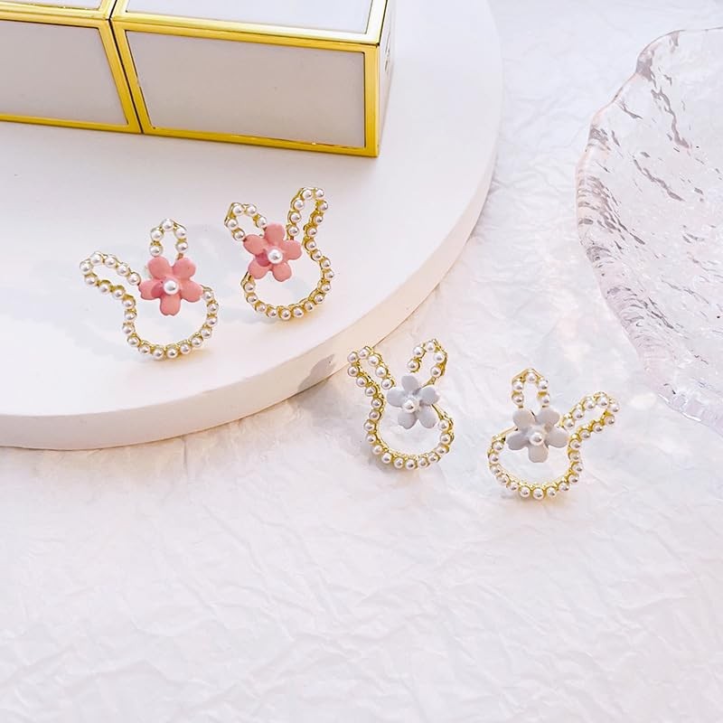 Easter Bunny Earrings for Women,Cute Pearl Rabbit Stud Hypoallergenic Spring