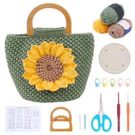 FREEBLOSS Crochet Bag Kit Sunflower Handbag Knitting and Crochet Kit with Wood Handle English Instructions Handbag Making Kit for Craft Crocheting Kit for Beginners
