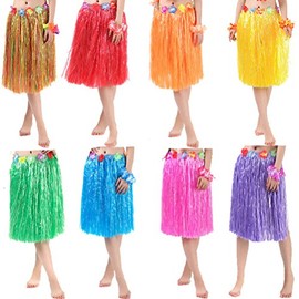 Hawaian Hula Grass Skirt Flower Leis Costume Set Ladies Luau Fancy Dress Costume (Pink, Long (60 cm))
