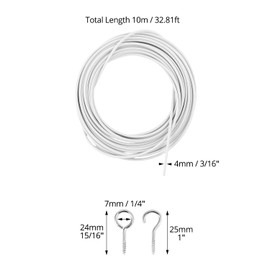 QWORK® 10 m Curtain Wire, White, Curtain Rope, Plastic Coated Curtain Rope, Curtain Ropes, with 20 Pieces Screw Eyelets and 20 Pieces Hooks