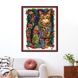 Funxvoot Stamped Cross Stitch Kits for Beginners or Adults Embroidery Starter Patterns | DIY Printed Cross Stitch Kits Needlepoint for Adults or Kids 11CT-Colorful Flower Cat 16x20 inch
