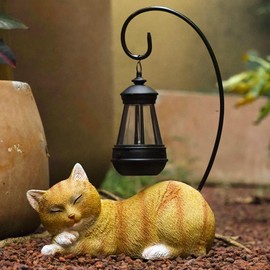 Cat Solar Garden Decor Outdoor Statues, Cat Figurine Decoration with Solar Lights Lantern, Garden Outdooe Cat Statue Decor Art for Patio, Lawn, Yard, Unique Housewarming Gift for Cat Lover and Mom