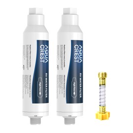 AQUA CREST RV Inline Hose Water Filter, Garden and Camper, NSF Certified, Greatly Reduces Chlorine, Bad Taste, Odor, 2 Pack with Hose Protector (Package May Vary)