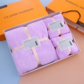 Coral Flannel Bath Towel 3-Piece Set with Gift Box, Wedding Anniversary Guest Gift Towel Set (2 pcs, 35*75) 70*140/Violet 10ea