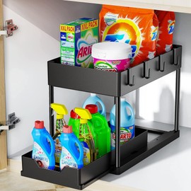 Under Sink Organizers and Storage, 2-Tier Multi-Purpose Kitchen Sink Organizer with Hooks Cup Pull Out Under Sink Shelves Organizer for Kitchen Organizers and Storage Washroom and Bathroom Organizers