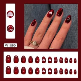 Gloss & Go 24 Reusable Artificial Fake Nail Set| Dark Red Color With White Heart Design Short Rounded Glossy Nails| Lightweight & Long Lasting| Quick Fix For Festivals & Special Occasions