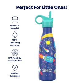 SHO Kids Bottle - Ultimate Insulated, Double Walled Stainless Steel Vacuum Flask & Water Bottle - 12 Hours Hot & 24 Hours Cold - 260ml, 375ml - BPA Free (Universe with Straw Lid, 375ml)