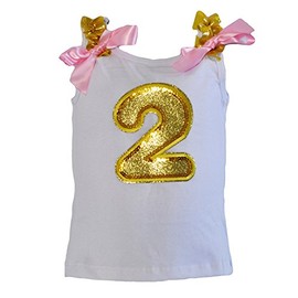Birthday Girl Gold Glittering Sequin Age Number and Lace Trim Tank-top (Gold-Age 2)
