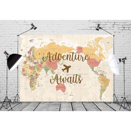 BELECO 5x3ft Fabric Adventure Awaits Baby Shower Backdrop World Map Adventure Begins World Travel Backdrop Let The Adventure Begin Background Birthday Party Decoration Supplies Photo Studio Props