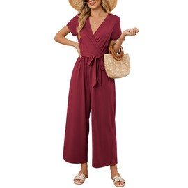 OUGES Womens Jumpsuit Casual 2025 Summer Short Sleeve Wrap V Neck Wide Leg Rompers with Pockets(Wine,XXL)