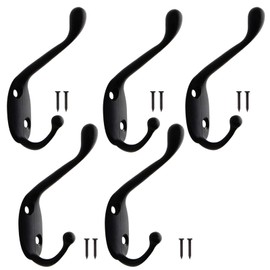 Lanzn 5 PCS Black Coat Hooks, Metal Clothes Hooks Vintage Wall Hooks Heavy Duty Door Hooks Wall Mounted Coat Rack Retro Hat Hooks with 10 Screws for Kitchen Bathroom Bedroom Wall Door Wood Rail