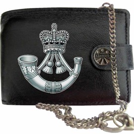 Klassek The Rifles Image Men Chain Wallet Real Leather Cap Badge Emblem Military Crest Insignia RFID Blocking with Coin Pocket and Metal Gift Box