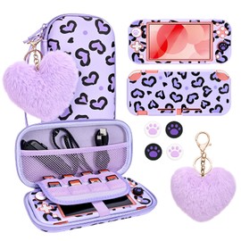 DLseego Love Leopard Carrying Case for Switch Lite 2019 Accessories Set, Portable Carrying Case with 1 Hard PC Case & 8 Slots & 1PCS Plush Heart Pendant & 4PCS Cat Paw Thumb Grips Caps- Purple