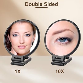 BOOMIBOO Espejo de mano con aumento 1X/10X de doble cara, espejo de maquillaje de viaje plegable, pedestal de rotación ajustable, espejo de cambiador para mano/colgante/computadora, color negro
