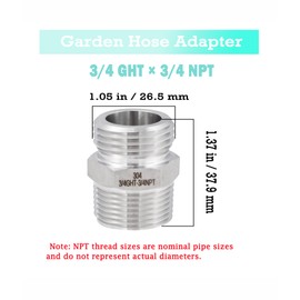 Walkinginrain Stainless Steel Garden Hose Adapter, 3/4”GHT Male × 3/4”NPT Male With 1/2" NPT Female, Garden Hose to Pipe Fitting Connector
