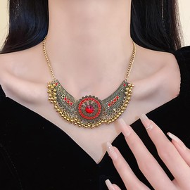 Ancient Oxidized Indian Jhumka Jhumki Bell Beaded Tassel Choker Vintage Bollywood Necklace for Women Statement Ethnic Gypsy Rhinestone Flower Short Collar Traditional Wedding Bridal Party Prom