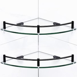 Halyuhn 2 Tier Glass Bathroom Shelf Wall Mounted, Glass Corner Shower Shelf for Bathroom with 6MM Thick Clear Tempered Glass, Glass Shelves for Shower with Black Stainless Steel Rail (2 Pack)