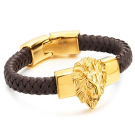 COOLSTEELANDBEYOND Mens Large Braided Leather Bracelet with Steel Lion and Genuine Leather Straps, Length 8.66", Width 0.47", Leather, no gemstone