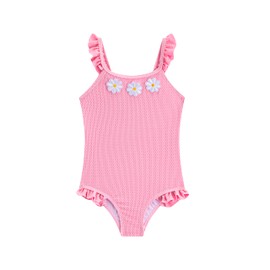 LIZENS Girls' Pink Floral Embroidered Ruffled Beach Swimwear Kids Bathing Suit One-Piece Swimsuit (L105-1,3-4T)
