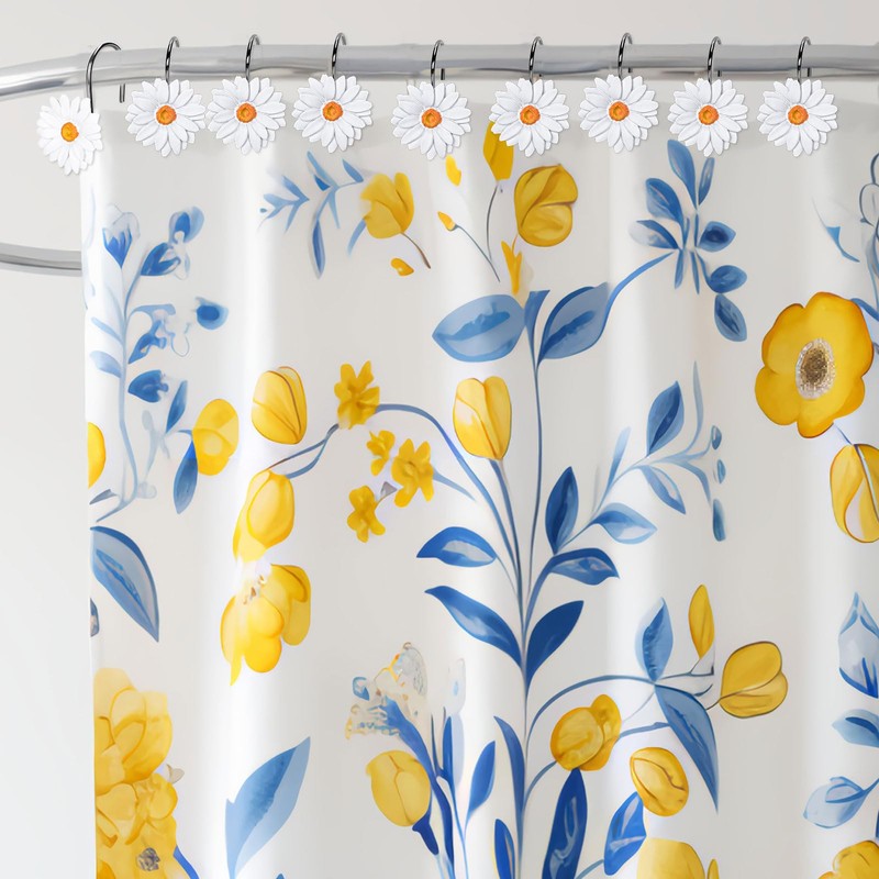Whaline 12Pcs Spring Shower Curtain Hooks White Daisy Flower Curtain